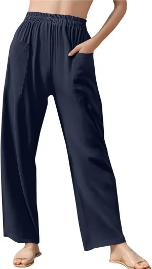 High Waisted Linen Pants Women Summer Pants Wide Leg Trouser Lounge Pant Office Palazzo Pant with Pockets (S-2Xl)