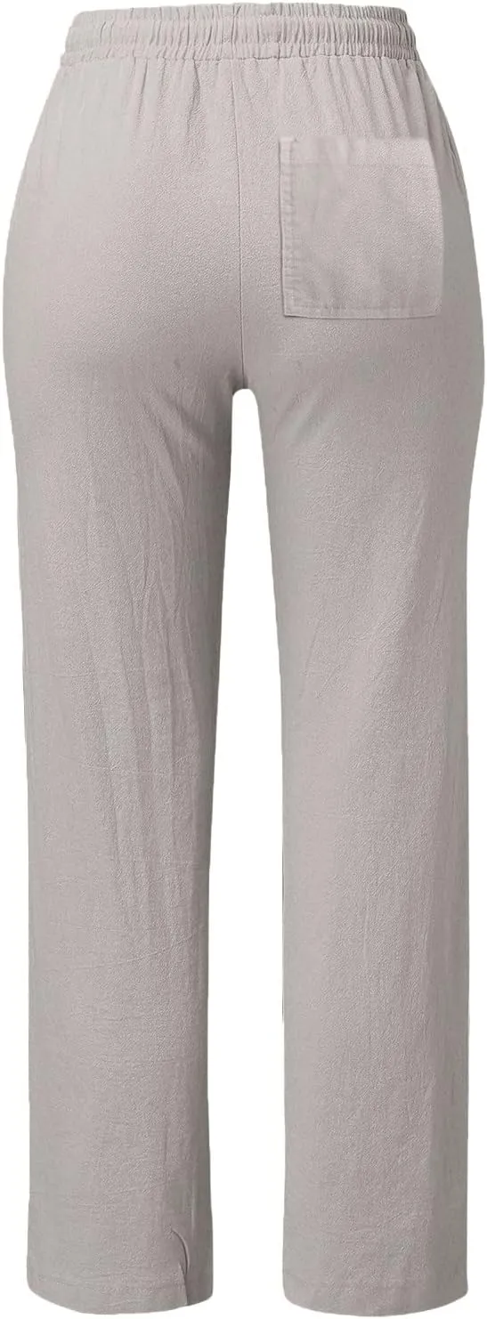 High Waisted Pants For Women Comfy Solid Color Cotton Linen Trousers Straight Leg Lounge Summer Boho Casual Pants