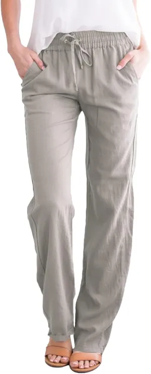 High Waisted Pants For Women Comfy Solid Color Cotton Linen Trousers Straight Leg Lounge Summer Boho Casual Pants