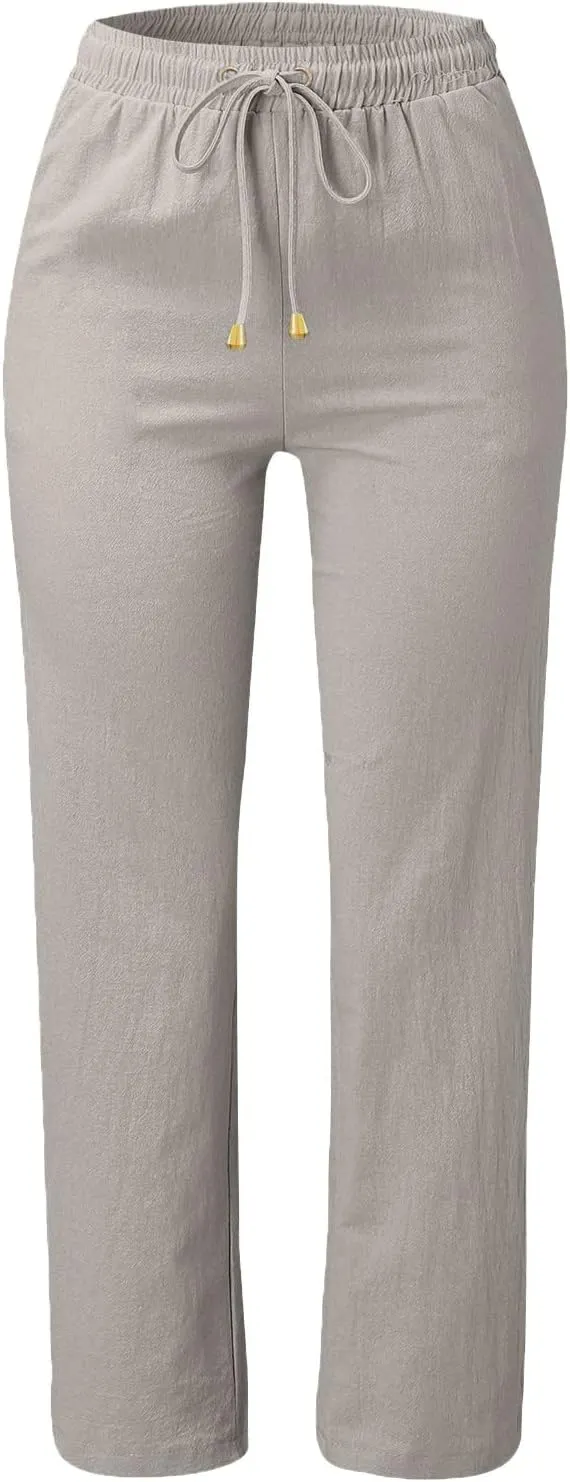 High Waisted Pants For Women Comfy Solid Color Cotton Linen Trousers Straight Leg Lounge Summer Boho Casual Pants