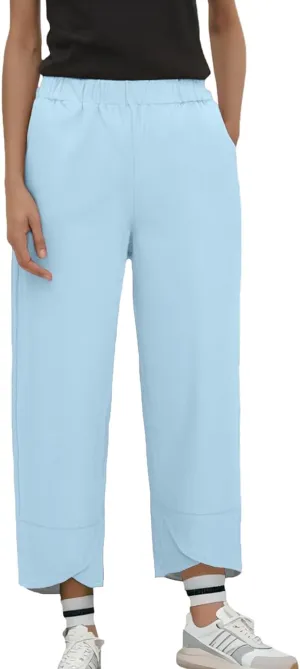 Hiking Pants Women 2025 Summer Cotton Linen Elastic Wiast Palazzo Trousers Stretch Loose Work Casual Pant with Pocket