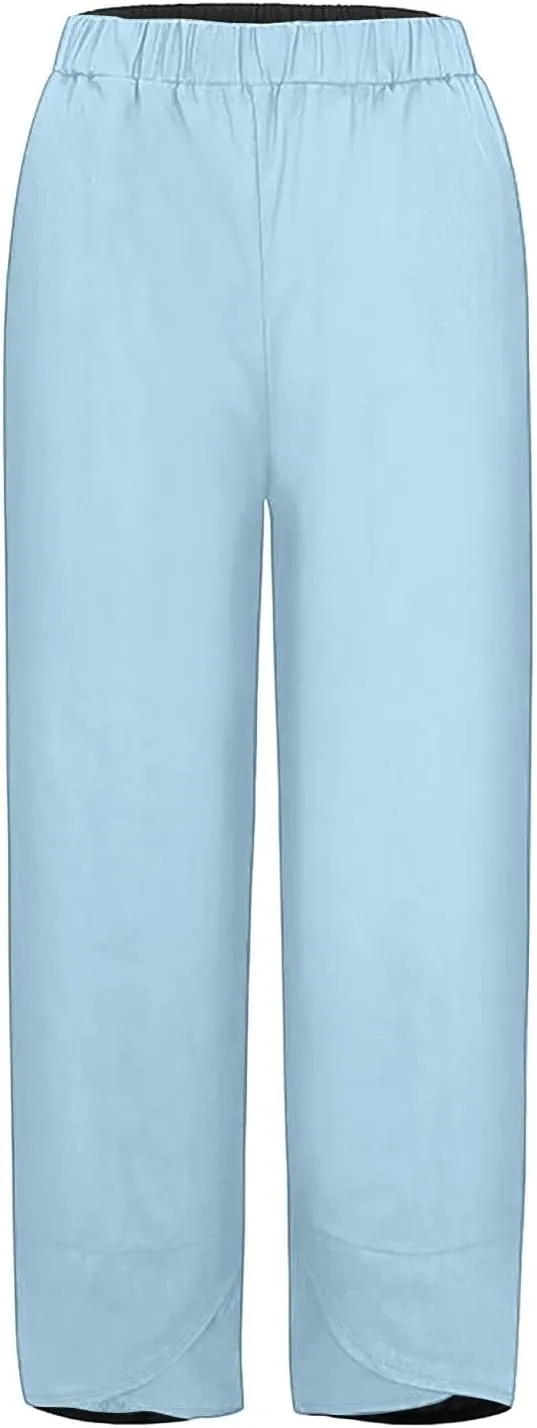 Hiking Pants Women 2025 Summer Cotton Linen Elastic Wiast Palazzo Trousers Stretch Loose Work Casual Pant with Pocket
