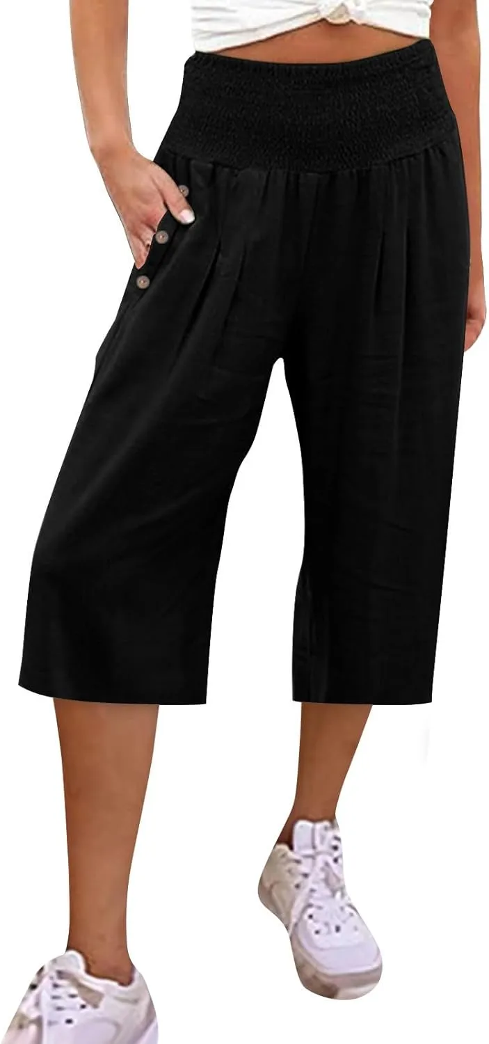 Hiking Pants Women Elastic Waist Button Petite Loose Womens Capris Summer Cargo Capri Pants for Women Stretch Linen