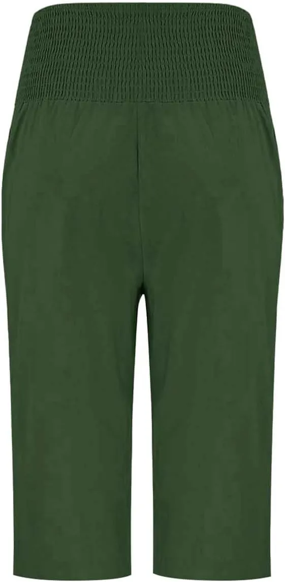 Hiking Pants Women Elastic Waist Button Petite Loose Womens Capris Summer Cargo Capri Pants for Women Stretch Linen