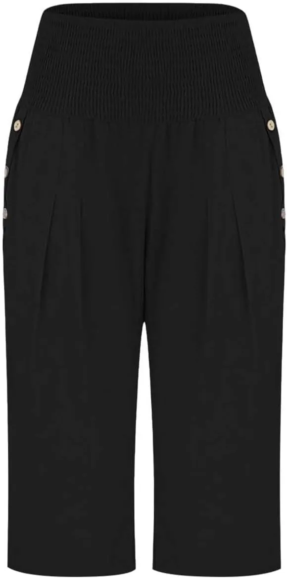 Hiking Pants Women Elastic Waist Button Petite Loose Womens Capris Summer Cargo Capri Pants for Women Stretch Linen