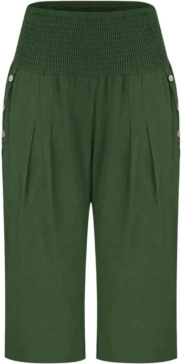 Hiking Pants Women Elastic Waist Button Petite Loose Womens Capris Summer Cargo Capri Pants for Women Stretch Linen