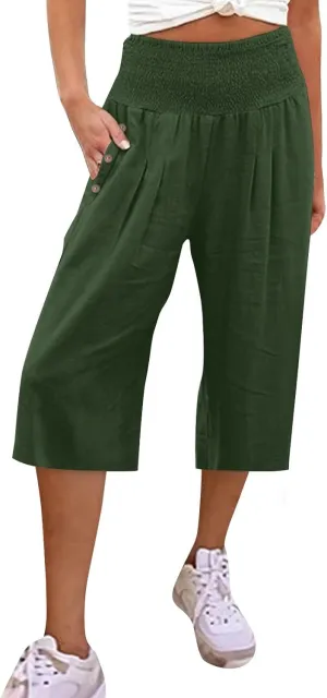 Hiking Pants Women Elastic Waist Button Petite Loose Womens Capris Summer Cargo Capri Pants for Women Stretch Linen