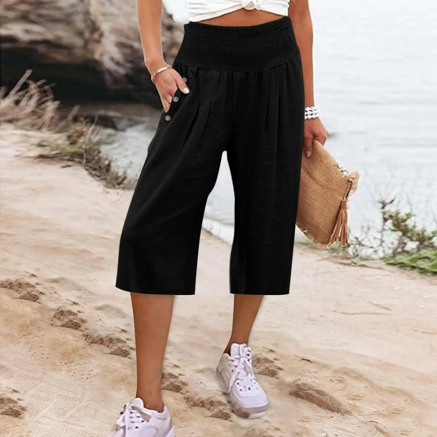 Hiking Pants Women Elastic Waist Button Petite Loose Womens Capris Summer Cargo Capri Pants for Women Stretch Linen