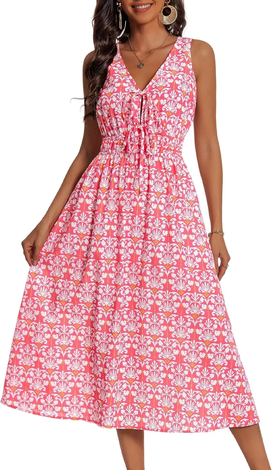 HUHOT Womens Tie Front Elastic Empire Waist Boho Summer Sun Dresses with Pockets