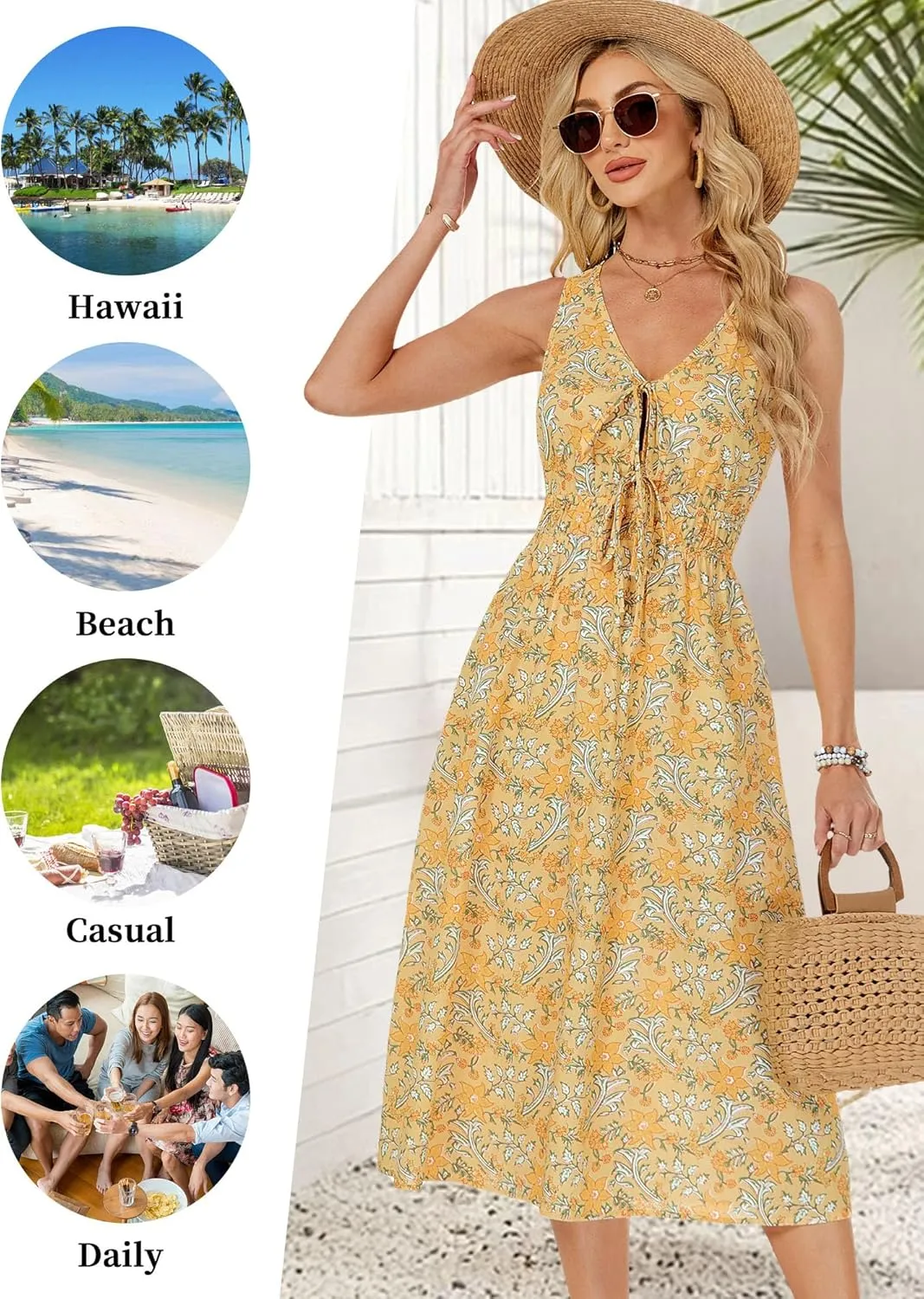 HUHOT Womens Tie Front Elastic Empire Waist Boho Summer Sun Dresses with Pockets