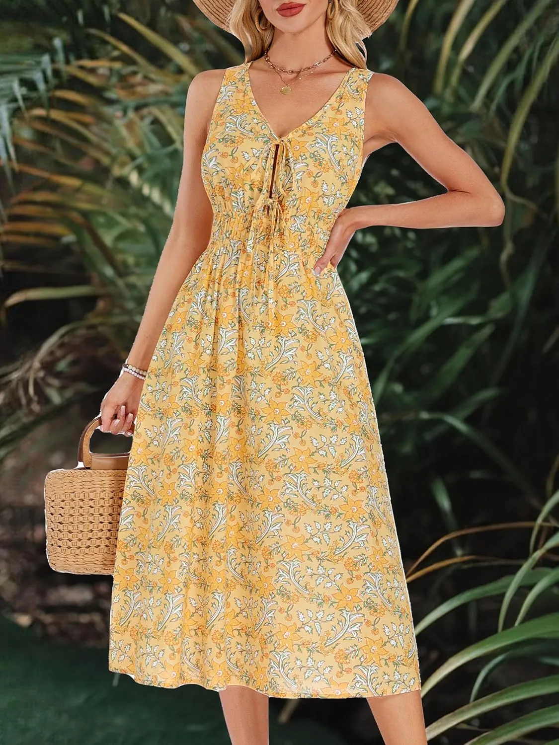 HUHOT Womens Tie Front Elastic Empire Waist Boho Summer Sun Dresses with Pockets