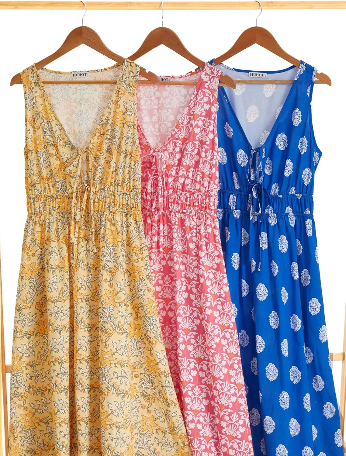 HUHOT Womens Tie Front Elastic Empire Waist Boho Summer Sun Dresses with Pockets