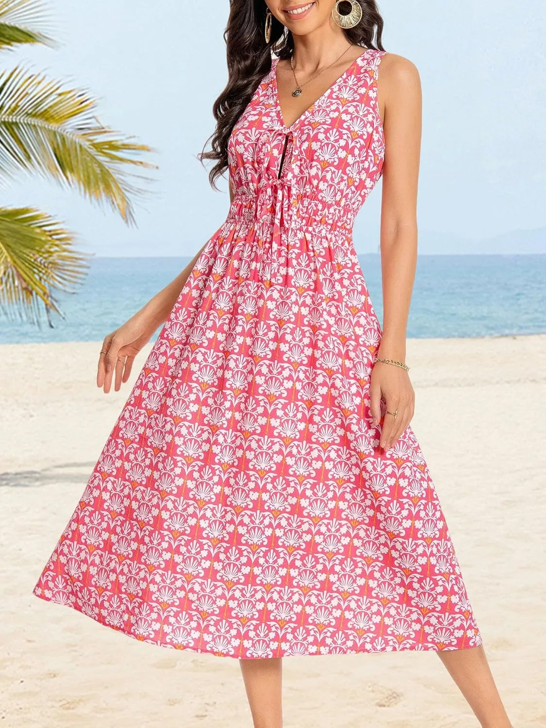 HUHOT Womens Tie Front Elastic Empire Waist Boho Summer Sun Dresses with Pockets