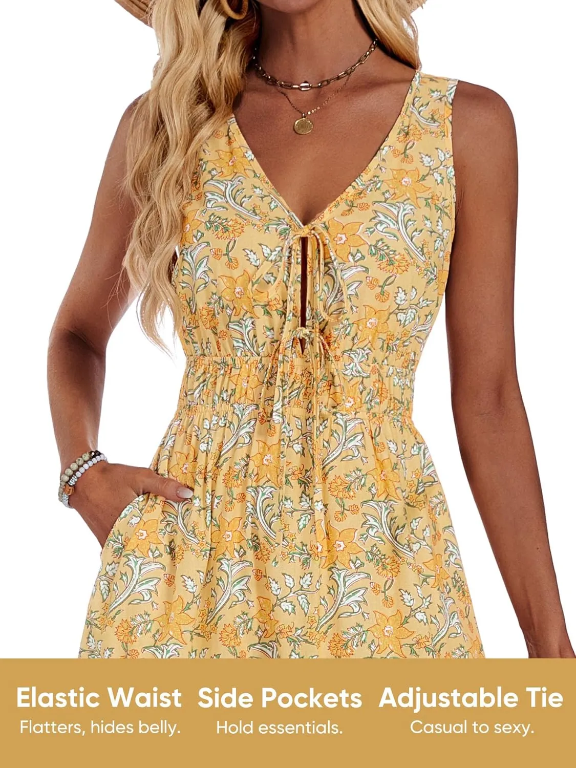 HUHOT Womens Tie Front Elastic Empire Waist Boho Summer Sun Dresses with Pockets