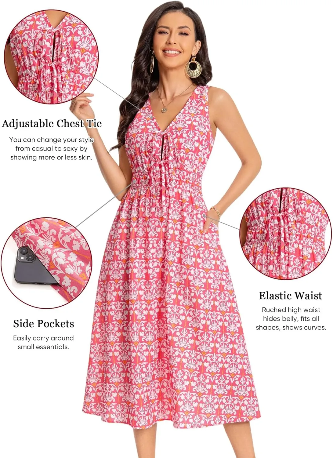 HUHOT Womens Tie Front Elastic Empire Waist Boho Summer Sun Dresses with Pockets