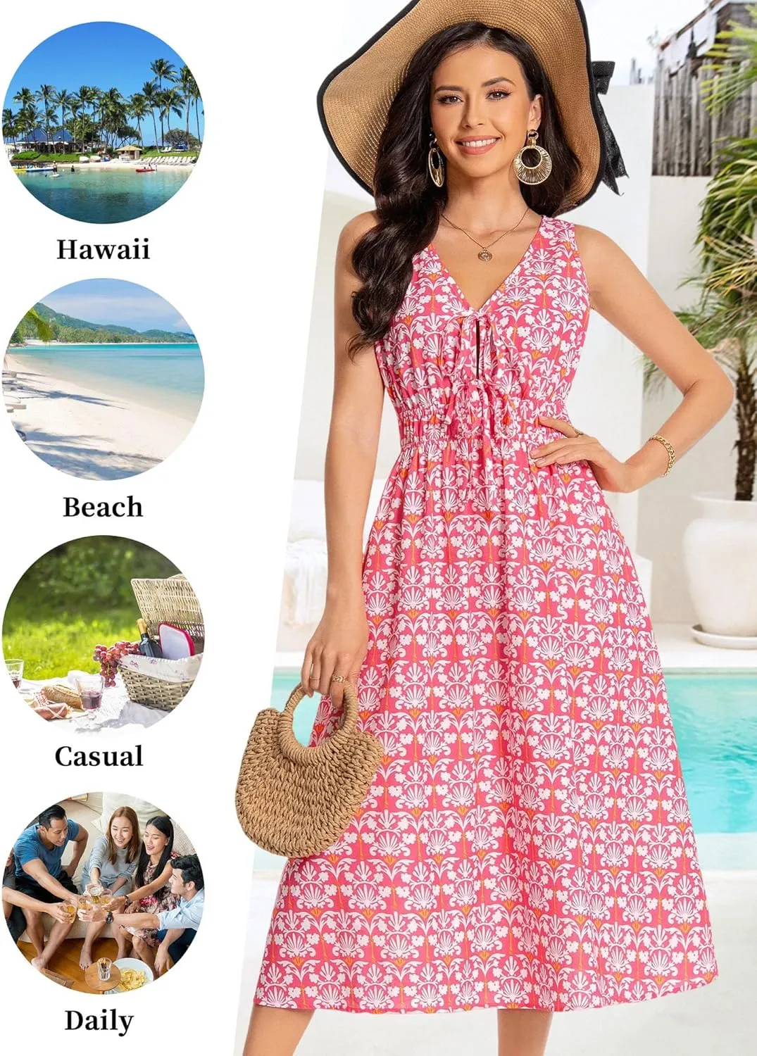 HUHOT Womens Tie Front Elastic Empire Waist Boho Summer Sun Dresses with Pockets