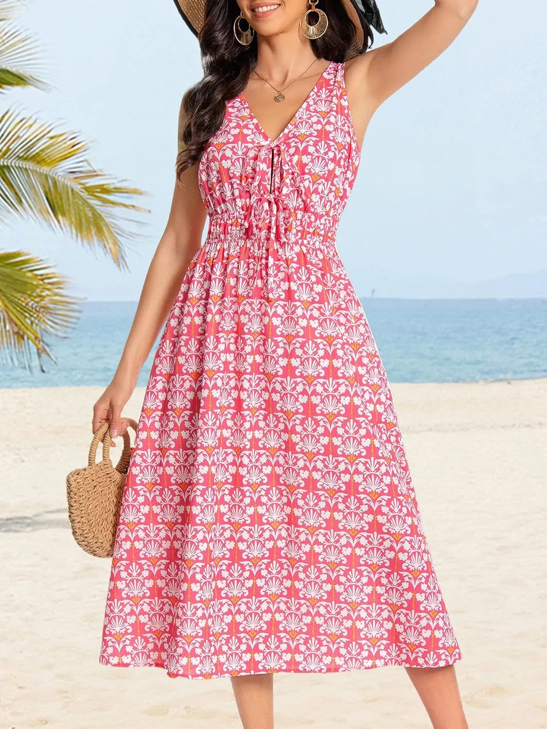 HUHOT Womens Tie Front Elastic Empire Waist Boho Summer Sun Dresses with Pockets