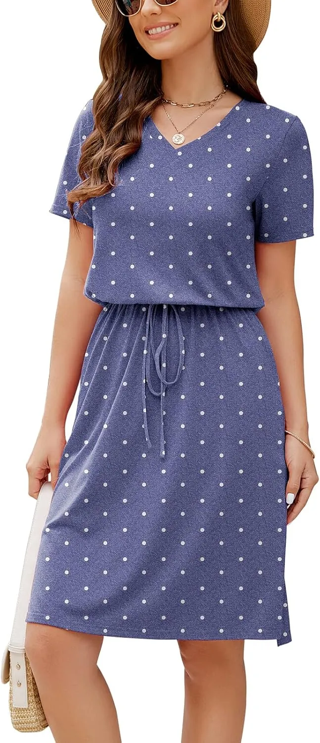 HUSKARY Women Summer Casual Midi Dresses Short Sleeve V Neck Drawstring Knee Length T Shirt Dress with Split and Pocket