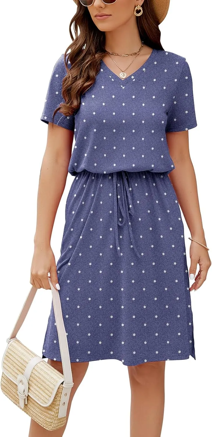 HUSKARY Women Summer Casual Midi Dresses Short Sleeve V Neck Drawstring Knee Length T Shirt Dress with Split and Pocket