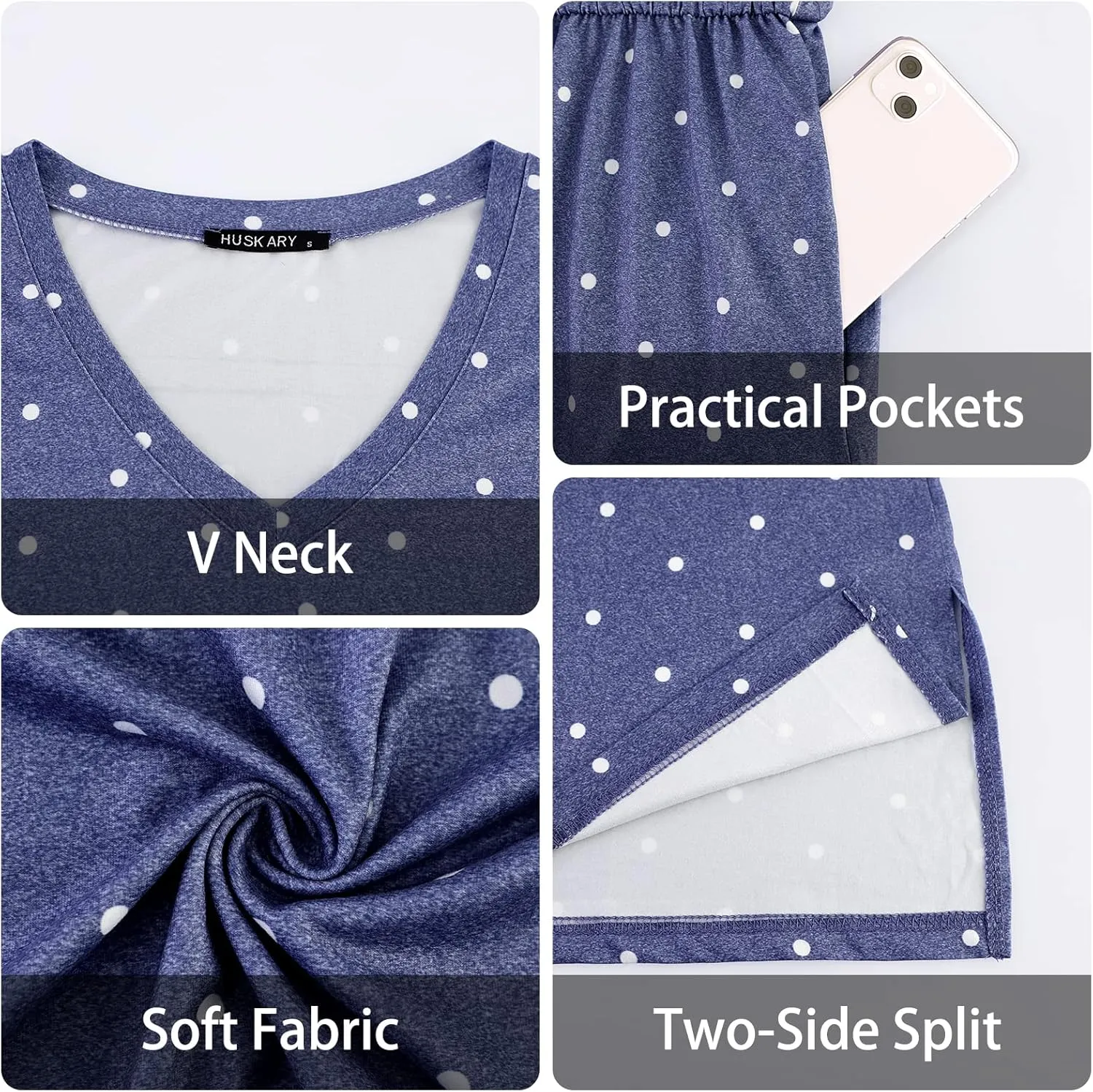 HUSKARY Women Summer Casual Midi Dresses Short Sleeve V Neck Drawstring Knee Length T Shirt Dress with Split and Pocket