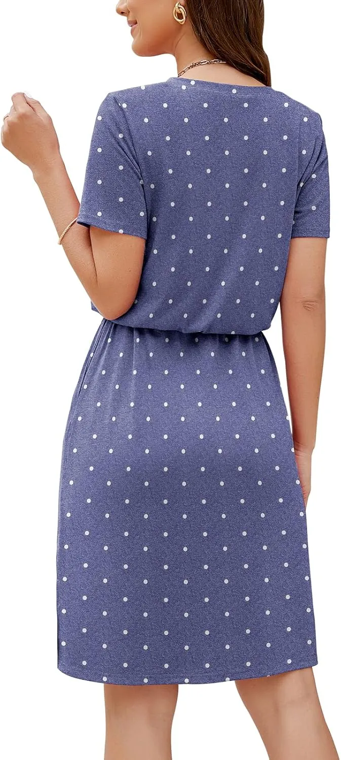 HUSKARY Women Summer Casual Midi Dresses Short Sleeve V Neck Drawstring Knee Length T Shirt Dress with Split and Pocket