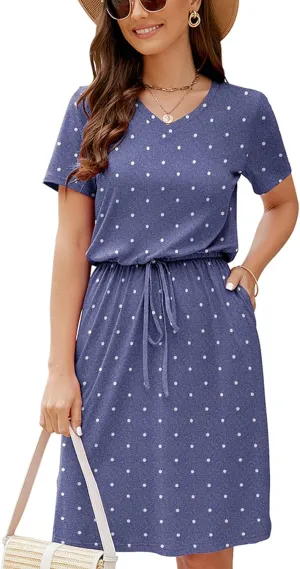 HUSKARY Women Summer Casual Midi Dresses Short Sleeve V Neck Drawstring Knee Length T Shirt Dress with Split and Pocket