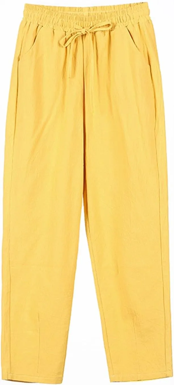 HXHYQKP Women's Cotton Linen Straight Leg Pants Elastic Drawstring Casual Summer Beach Lounge Trousers with Pockets