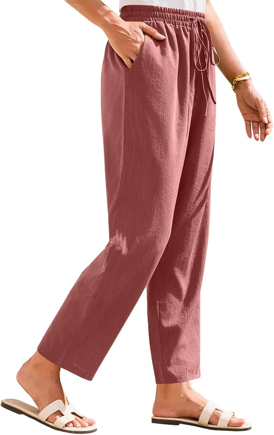 HXHYQKP Women's Cotton Linen Straight Leg Pants Elastic Drawstring Casual Summer Beach Lounge Trousers with Pockets