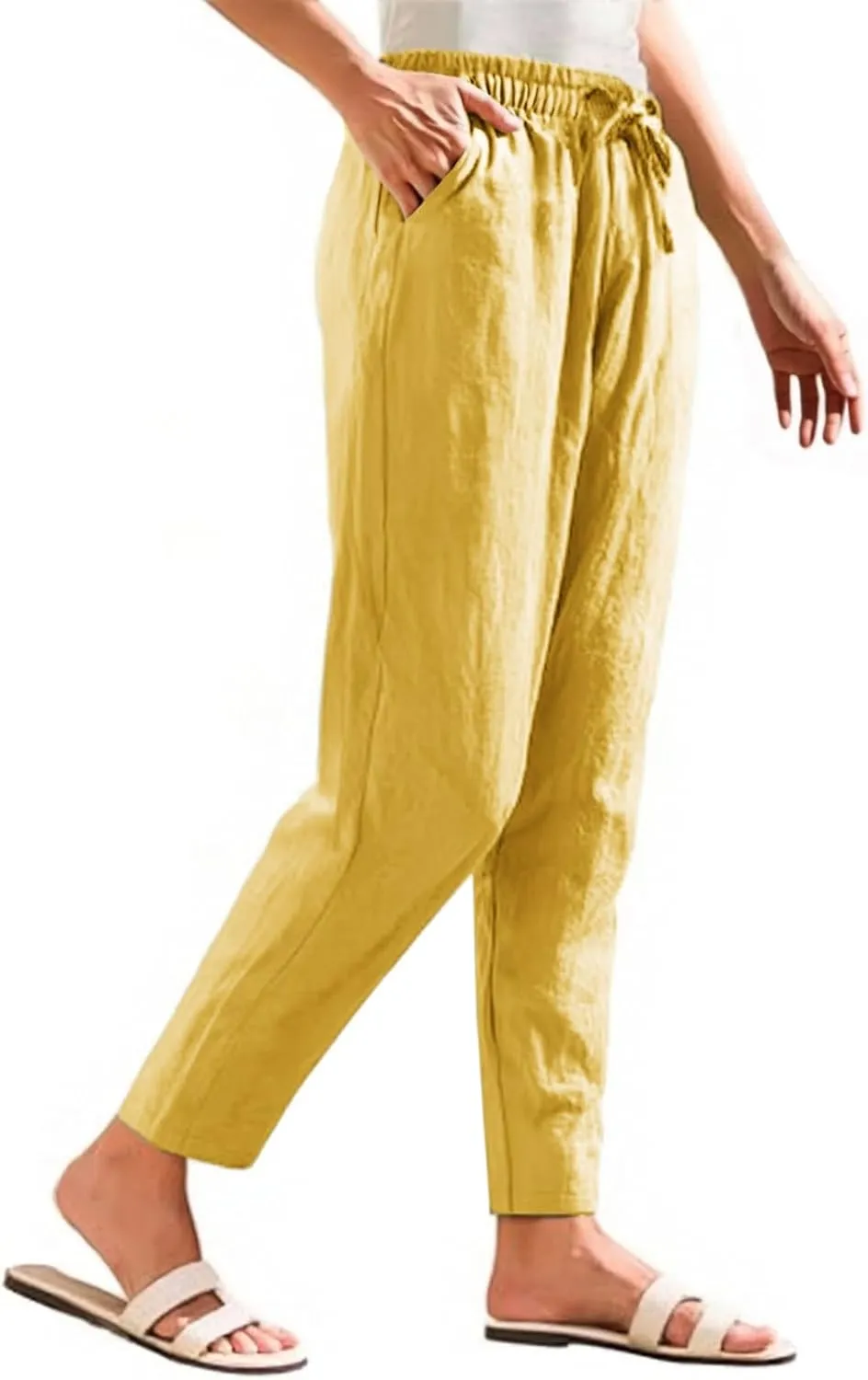 HXHYQKP Women's Cotton Linen Straight Leg Pants Elastic Drawstring Casual Summer Beach Lounge Trousers with Pockets