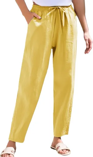 HXHYQKP Women's Cotton Linen Straight Leg Pants Elastic Drawstring Casual Summer Beach Lounge Trousers with Pockets