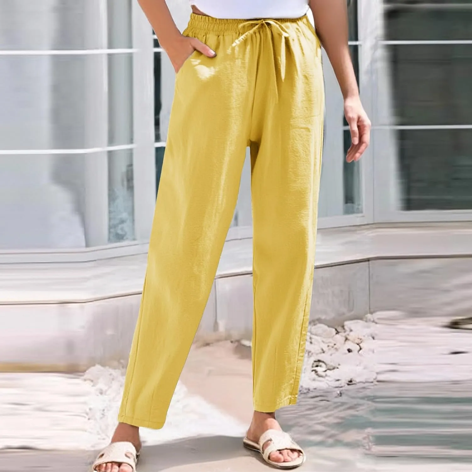 HXHYQKP Women's Cotton Linen Straight Leg Pants Elastic Drawstring Casual Summer Beach Lounge Trousers with Pockets