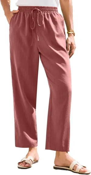 HXHYQKP Women's Cotton Linen Straight Leg Pants Elastic Drawstring Casual Summer Beach Lounge Trousers with Pockets