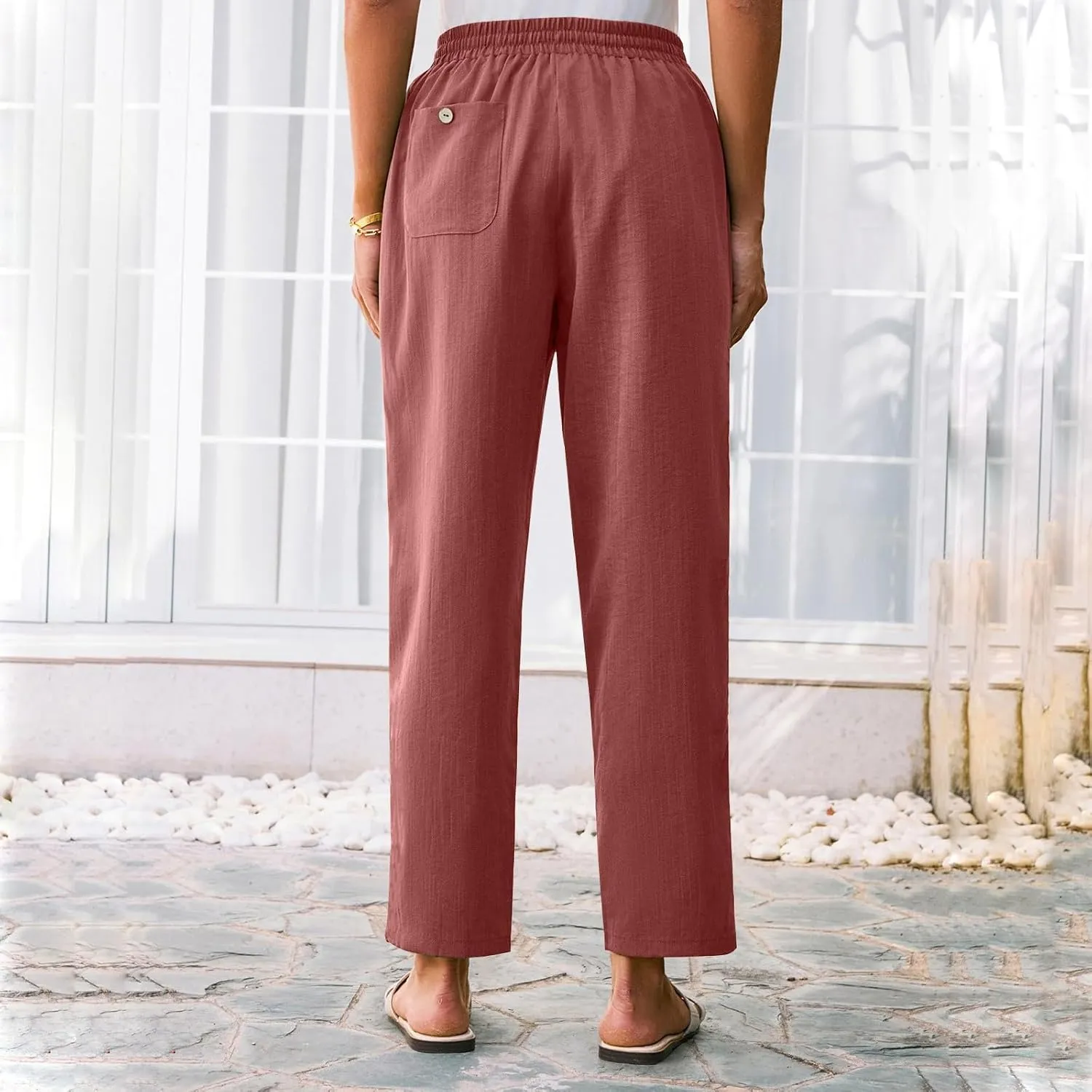 HXHYQKP Women's Cotton Linen Straight Leg Pants Elastic Drawstring Casual Summer Beach Lounge Trousers with Pockets