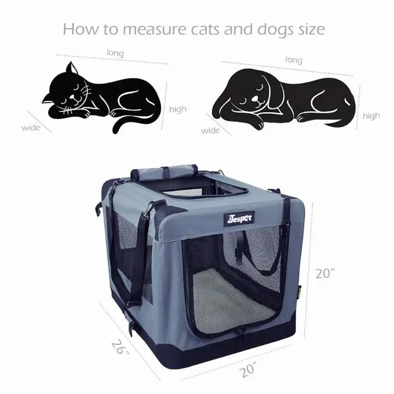 JESPET Soft Pet Crates Kennel, 3 Door Soft Sided Folding Travel Pet Carrier with Straps and Fleece Mat for Dogs, Cats, Rabbits, Indoor/Outdoor Use with Grey, Blue & Beige, Black