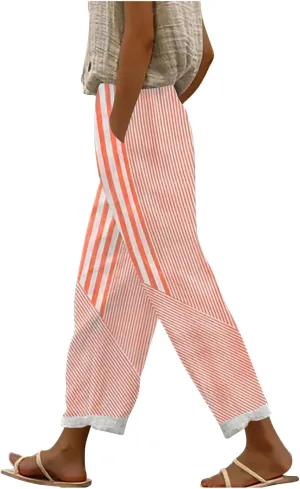JOAU Women Linen Striped Pants Lightweight Summer Casual Loose Beach Elastic High Waist Straight Leg Trousers with Pockets