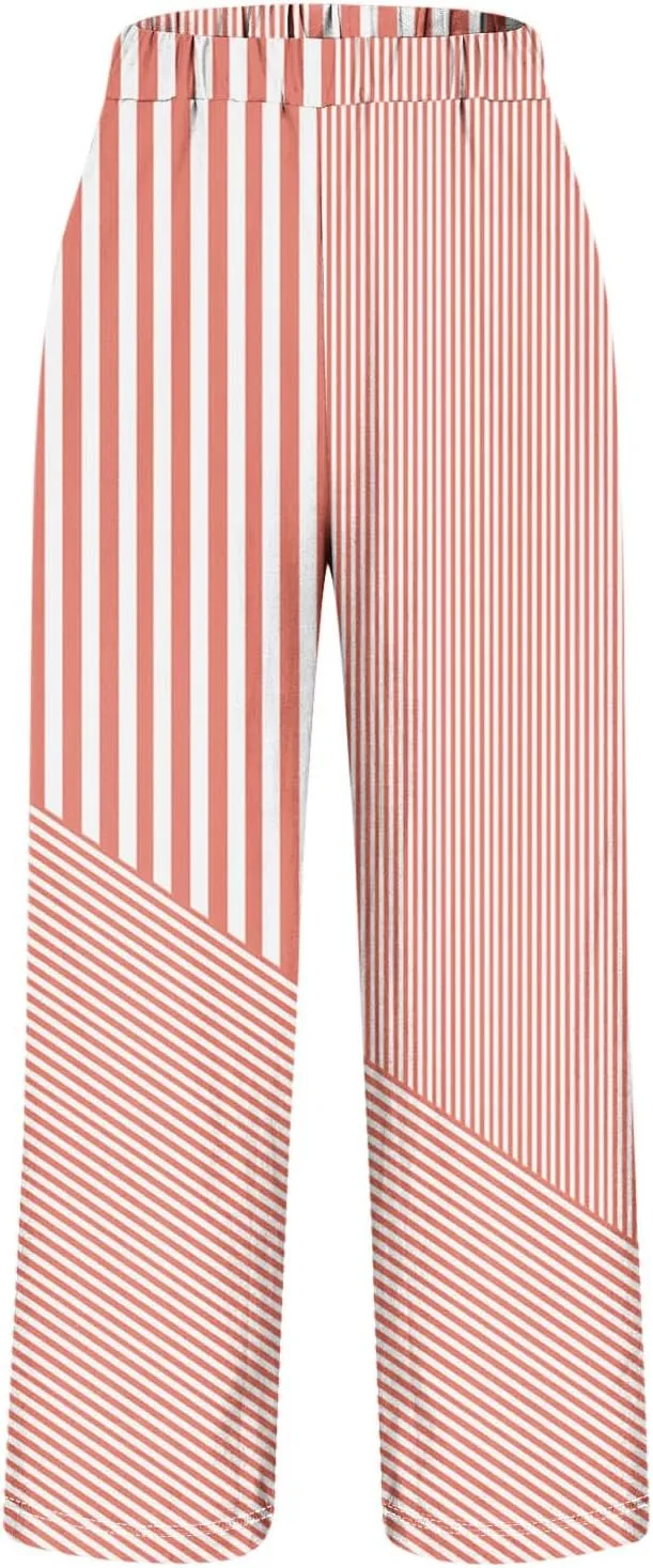JOAU Women Linen Striped Pants Lightweight Summer Casual Loose Beach Elastic High Waist Straight Leg Trousers with Pockets