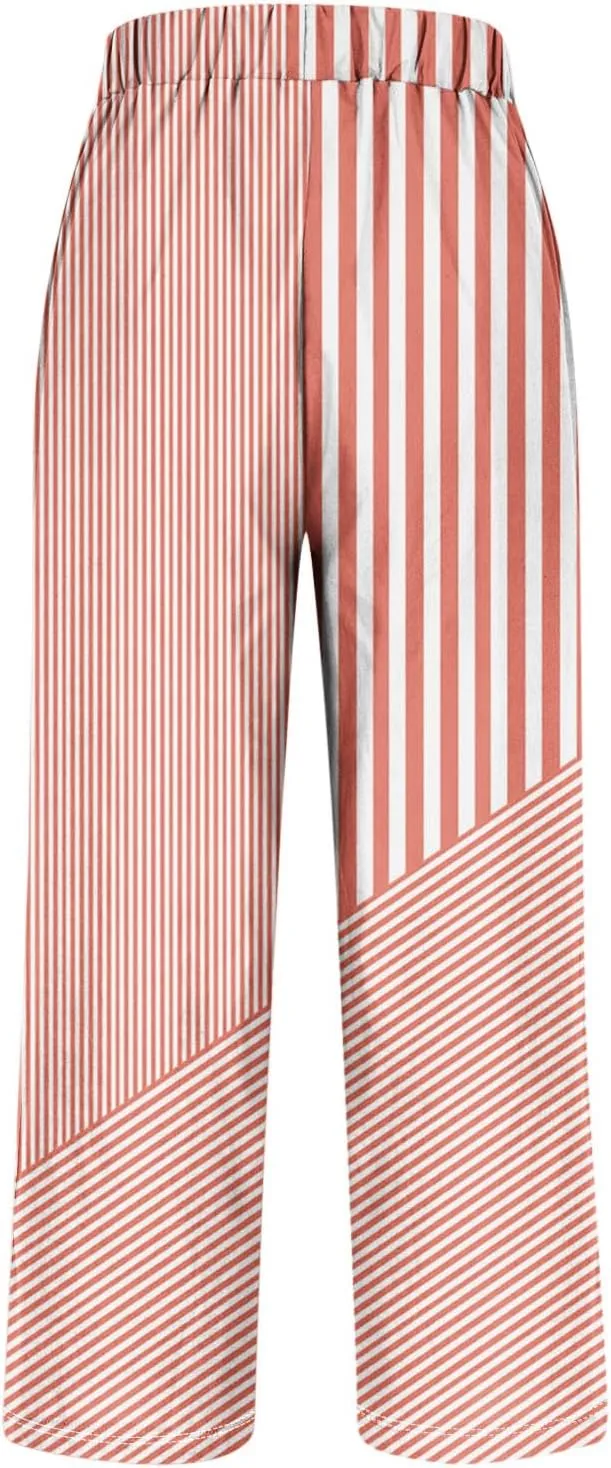 JOAU Women Linen Striped Pants Lightweight Summer Casual Loose Beach Elastic High Waist Straight Leg Trousers with Pockets