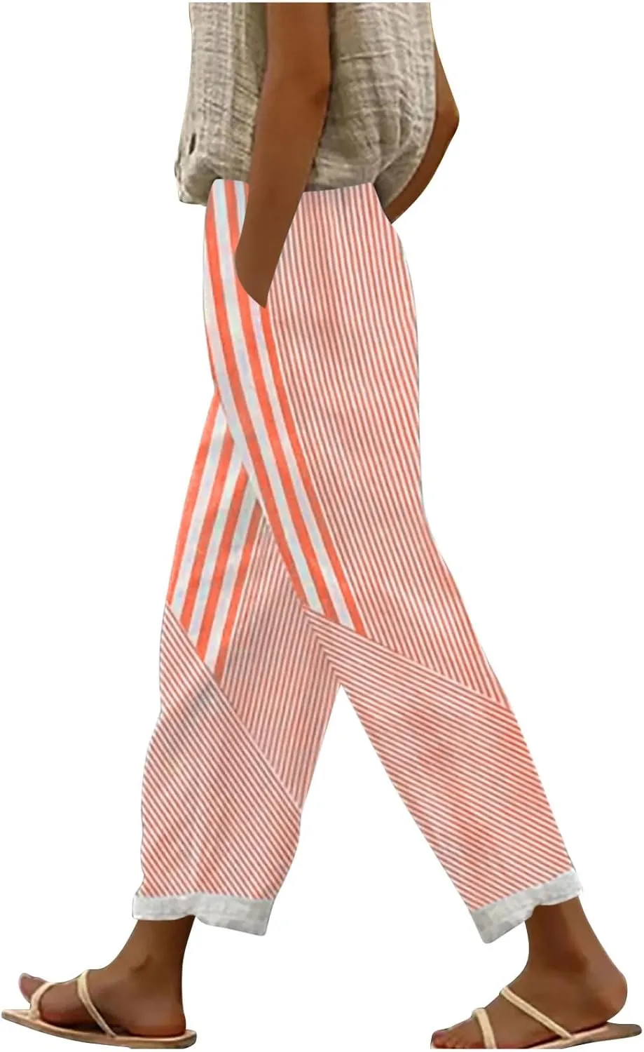 JOAU Women Linen Striped Pants Lightweight Summer Casual Loose Beach Elastic High Waist Straight Leg Trousers with Pockets