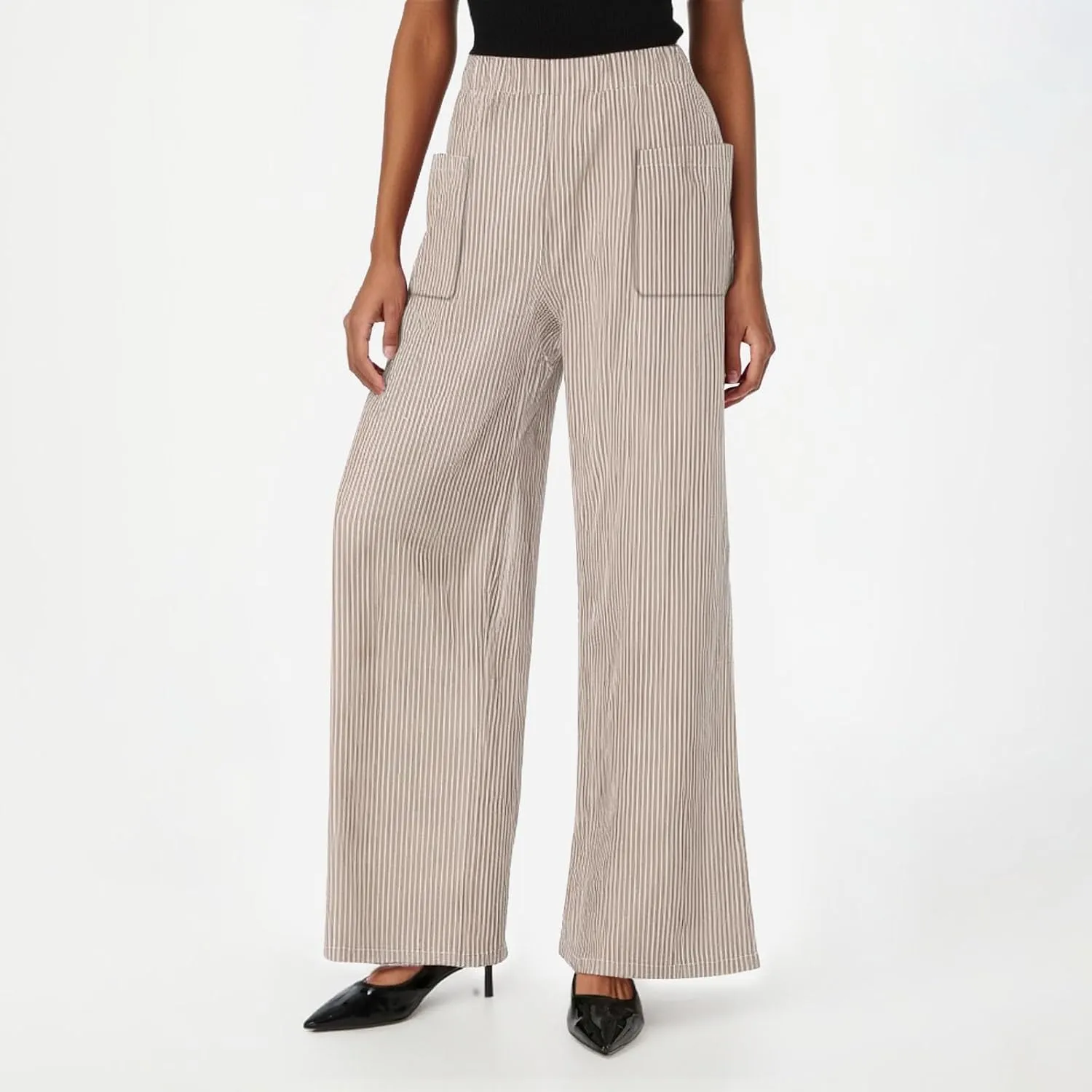 JOAU Women's Striped Print Elastic High Waist Wide Leg Pants Summer Casual Loose Palazzo Beach Trousers with Front Pockets