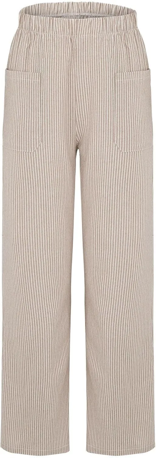 JOAU Women's Striped Print Elastic High Waist Wide Leg Pants Summer Casual Loose Palazzo Beach Trousers with Front Pockets