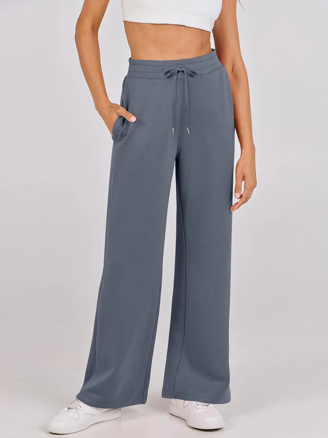 Kubbon Wide Leg Pants for Women High Waist Trousers Adjustable Knotted Comfy Loose Sweatpants Summer Casual Jogging Pants