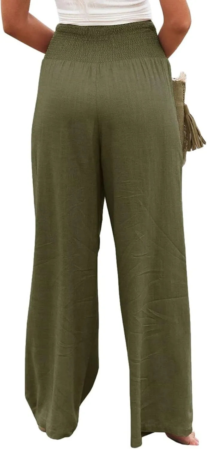 Kubbon Women Linen Palazzo Pants High Waist Casual Pants Wide Leg Long Lounge Pant Trousers Beach Travel Vacation Outfits