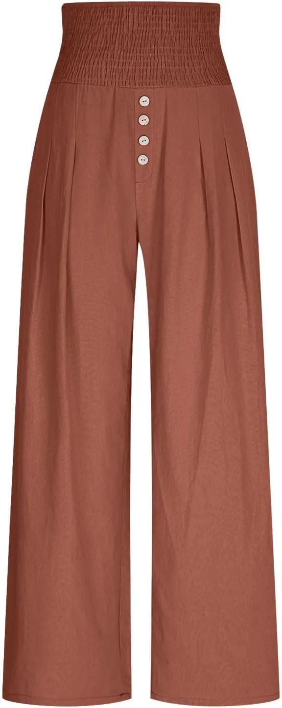 Lastesso Linen Pants Women Boho Wide Leg Trousers Tummy Control Summer Beach Travel Clothes Casual Flowy Pants with Pockets