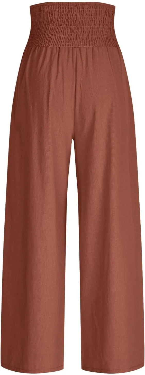 Lastesso Linen Pants Women Boho Wide Leg Trousers Tummy Control Summer Beach Travel Clothes Casual Flowy Pants with Pockets