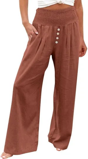 Lastesso Linen Pants Women Boho Wide Leg Trousers Tummy Control Summer Beach Travel Clothes Casual Flowy Pants with Pockets