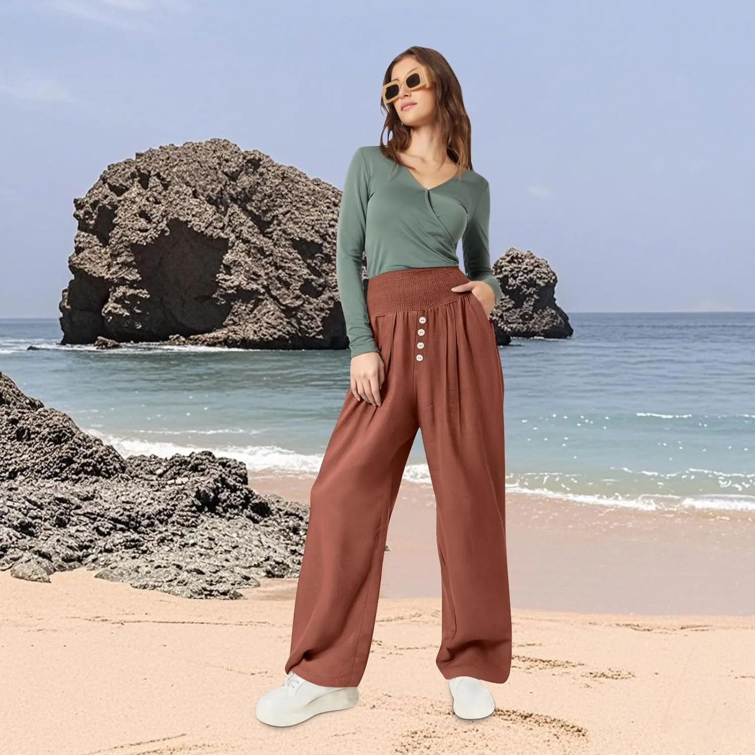 Lastesso Linen Pants Women Boho Wide Leg Trousers Tummy Control Summer Beach Travel Clothes Casual Flowy Pants with Pockets