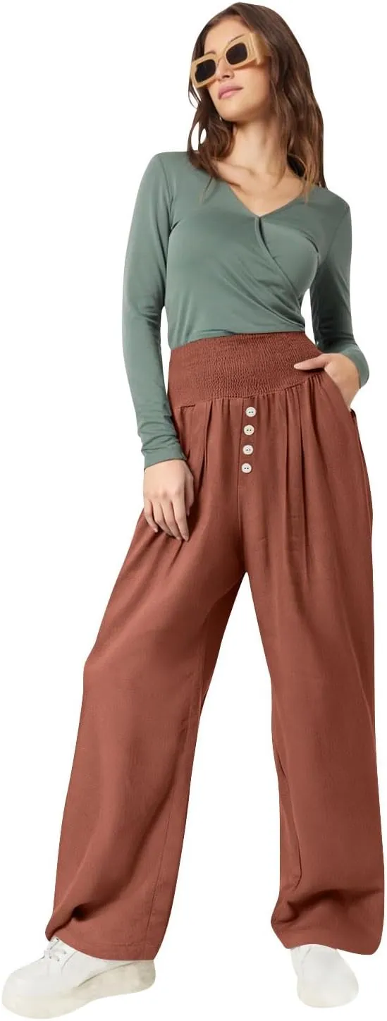Lastesso Linen Pants Women Boho Wide Leg Trousers Tummy Control Summer Beach Travel Clothes Casual Flowy Pants with Pockets