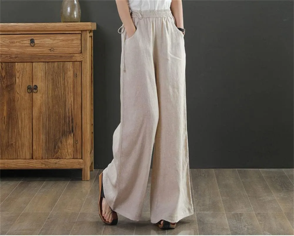 Les umes Women's Casual Wide Leg Long Pants High Waist Drawsting Loose Palazzo Pants Cotton Linen Beach Trousers
