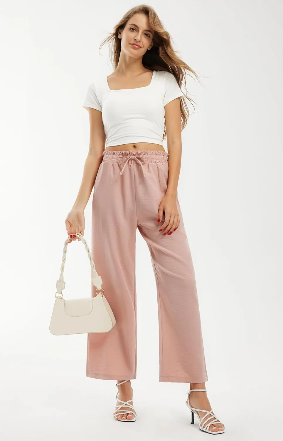 Libin Women's Imitation Linen Pants High Waist Wide Leg Casual Palazzo Pants Beach Cropped Trousers Summer Outfits