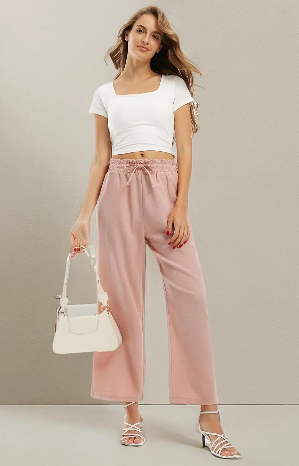 Libin Women's Imitation Linen Pants High Waist Wide Leg Casual Palazzo Pants Beach Cropped Trousers Summer Outfits